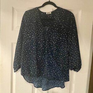 Navy Polkadot Chiffon Faux Wrap 3/4 Sleeve Top